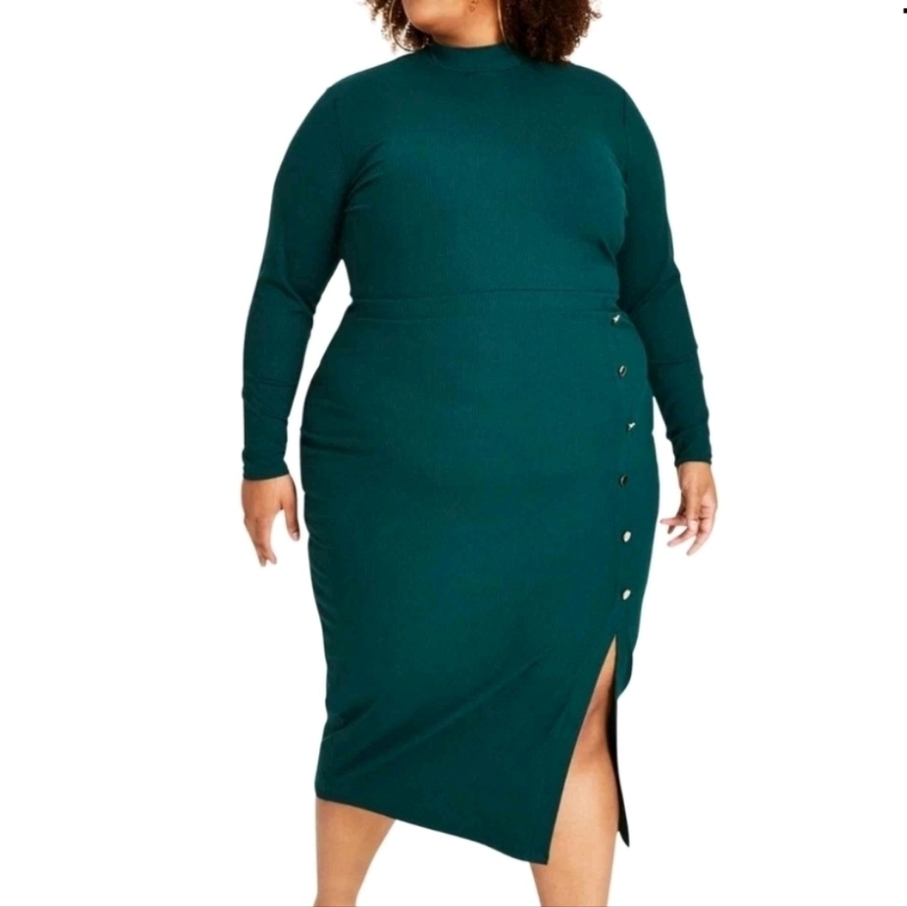 Nina Parker Women's Pine Rib Mock Neck Asymmetrical Button Dress Plus Size 3x